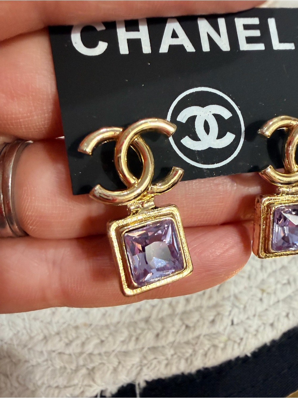 Gold-Tone CC Drop Earrings with Lavender Square Stones - Picture 4 of 9